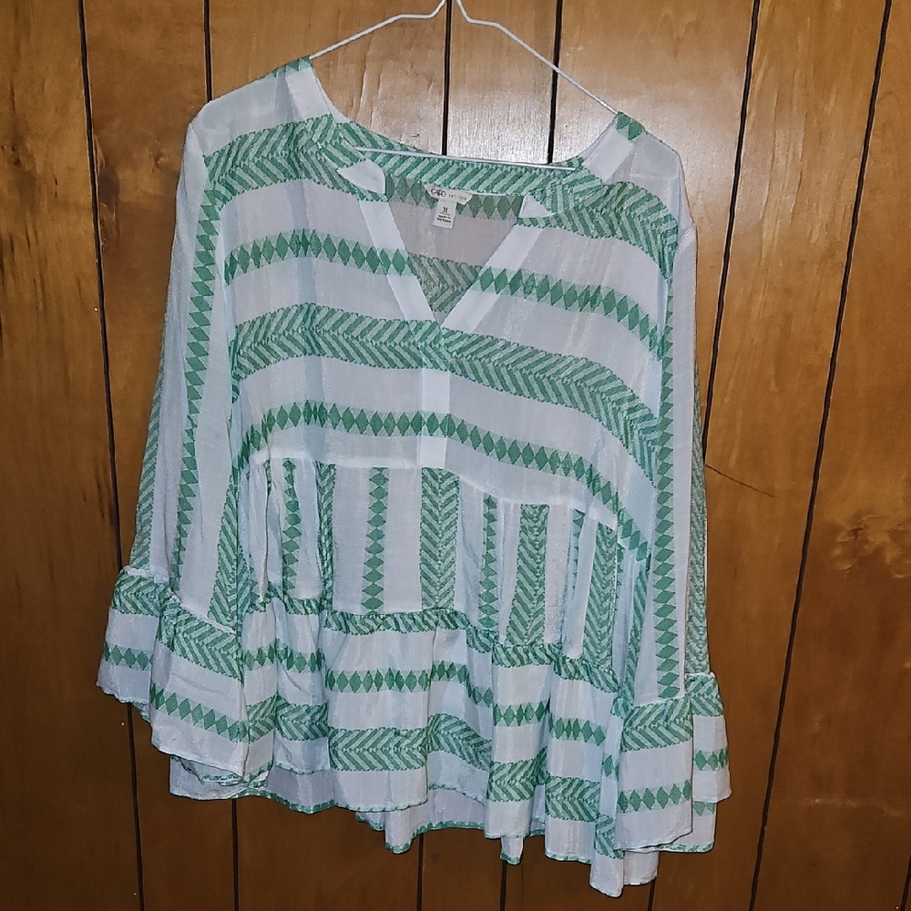 Cato White and Green Striped Peasant Blouse